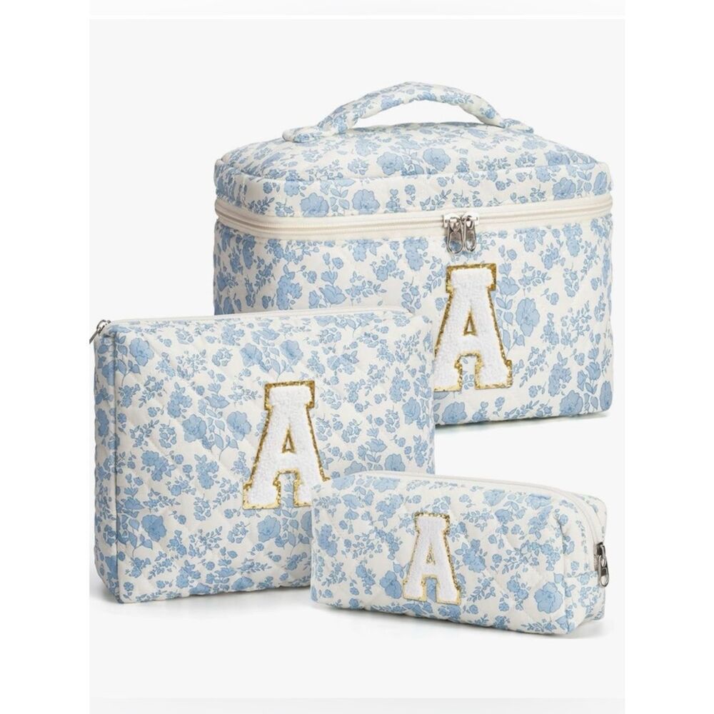 NEW Monogram Floral Cosmetic Set - Blue & White Letter A